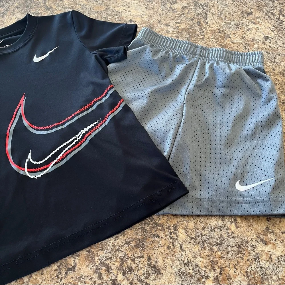 Nike Boys Dri-Fit Short Sleeve Tee Gym Shorts Athletic Sporty Matching Set Sz 6